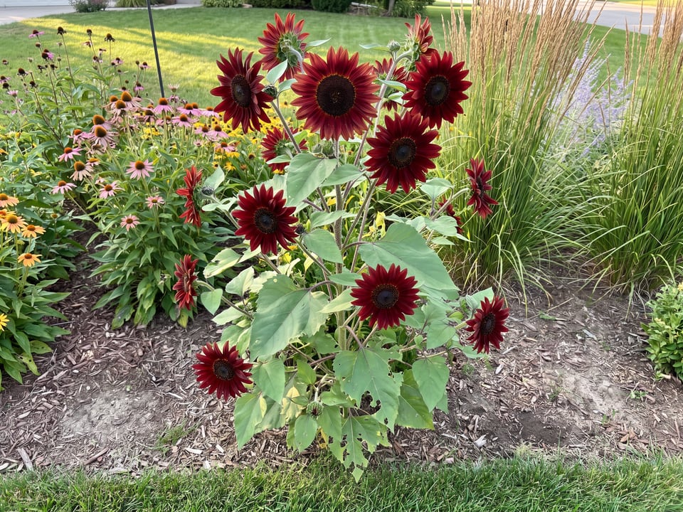 Velvet Queen sunflower plants in bloom in a garden