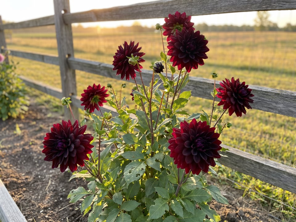 Voodoo dahlia plants in bloom in a garden