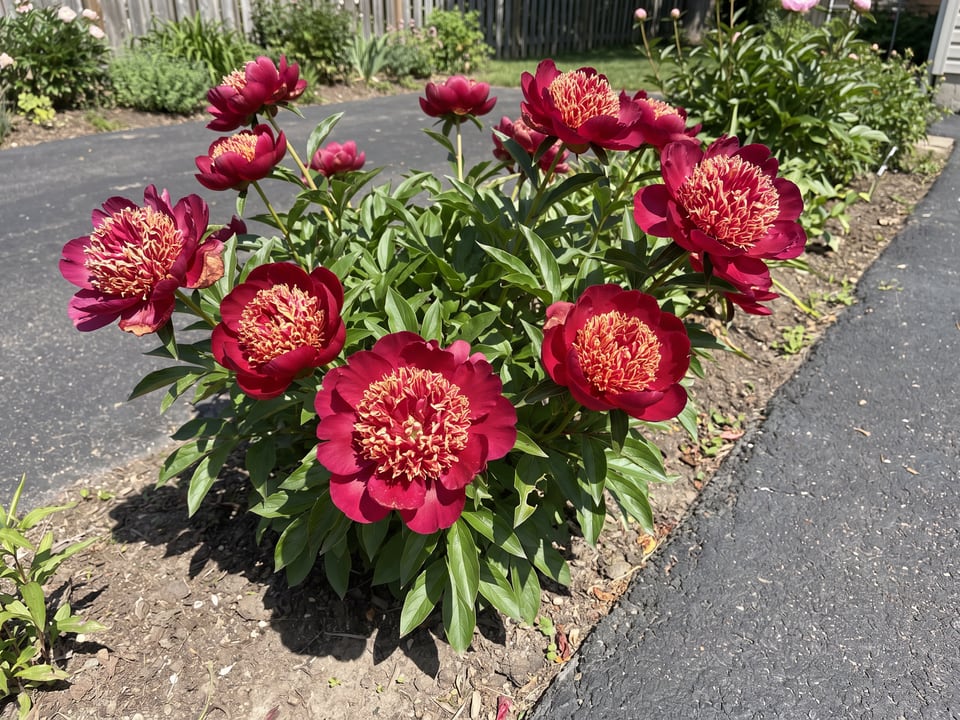 Walter Mains peony plants in bloom in a garden