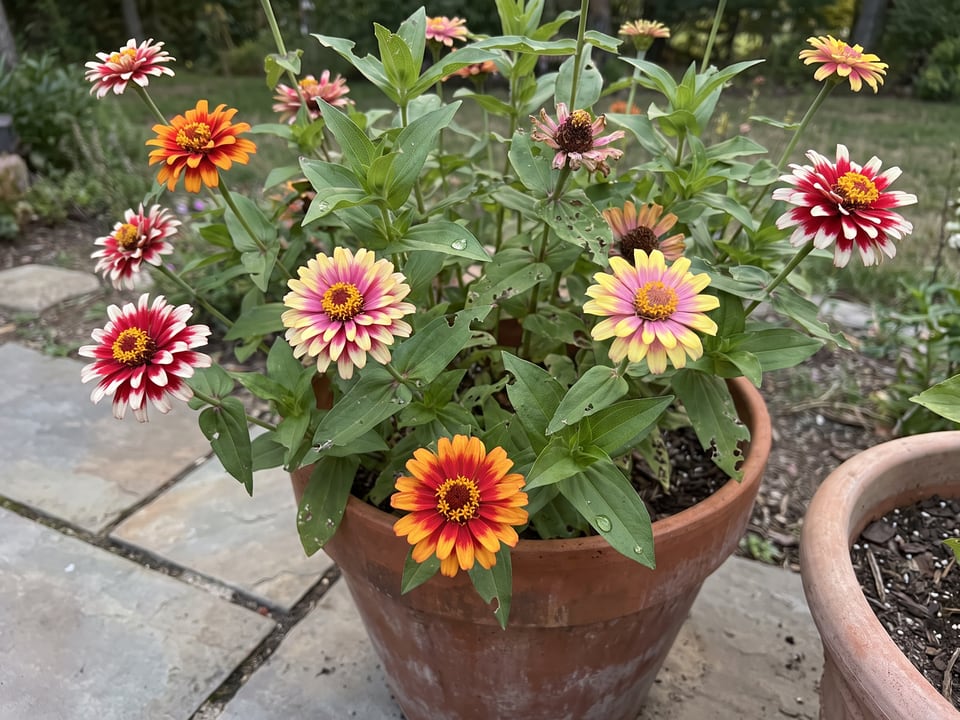 Whirligig zinnia plants in bloom in a garden