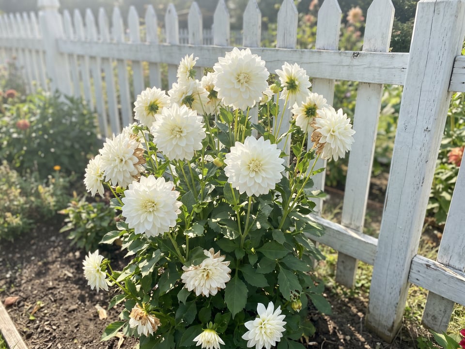 White Perfection dahlia plants in bloom in a garden