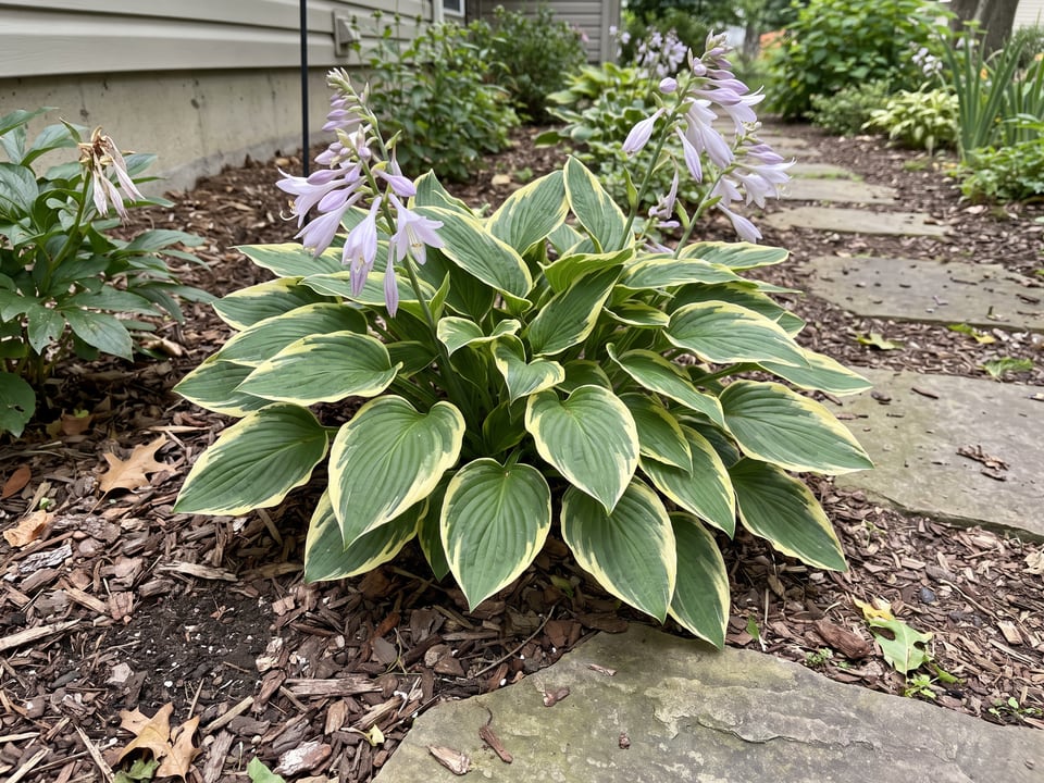 A Wide Brim hosta clump growing in a shade garden
