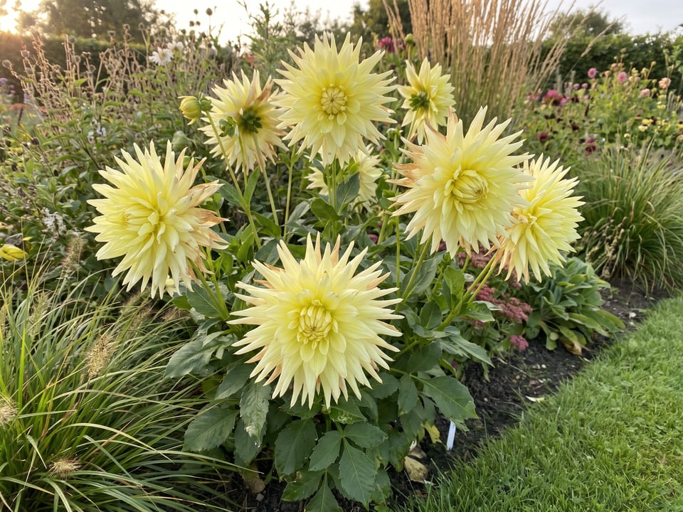 Yellow Star dahlia plants in bloom in a garden