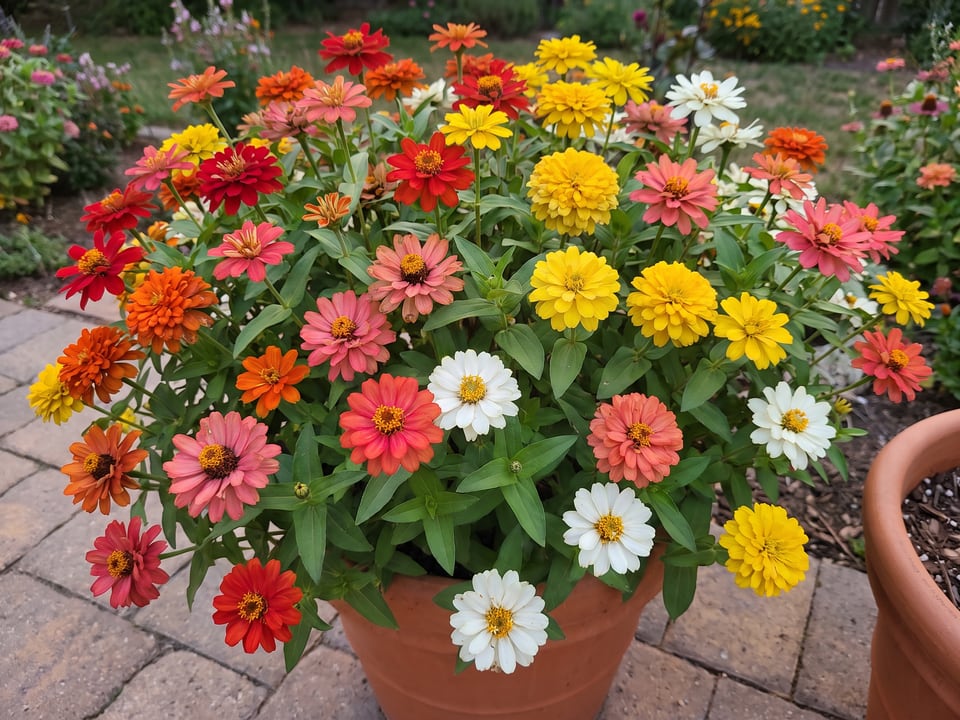 Zahara zinnia plants in bloom in a garden