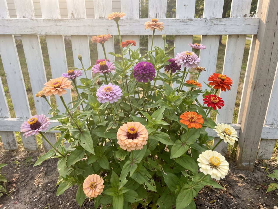 Zinderella zinnia plants in bloom in a garden